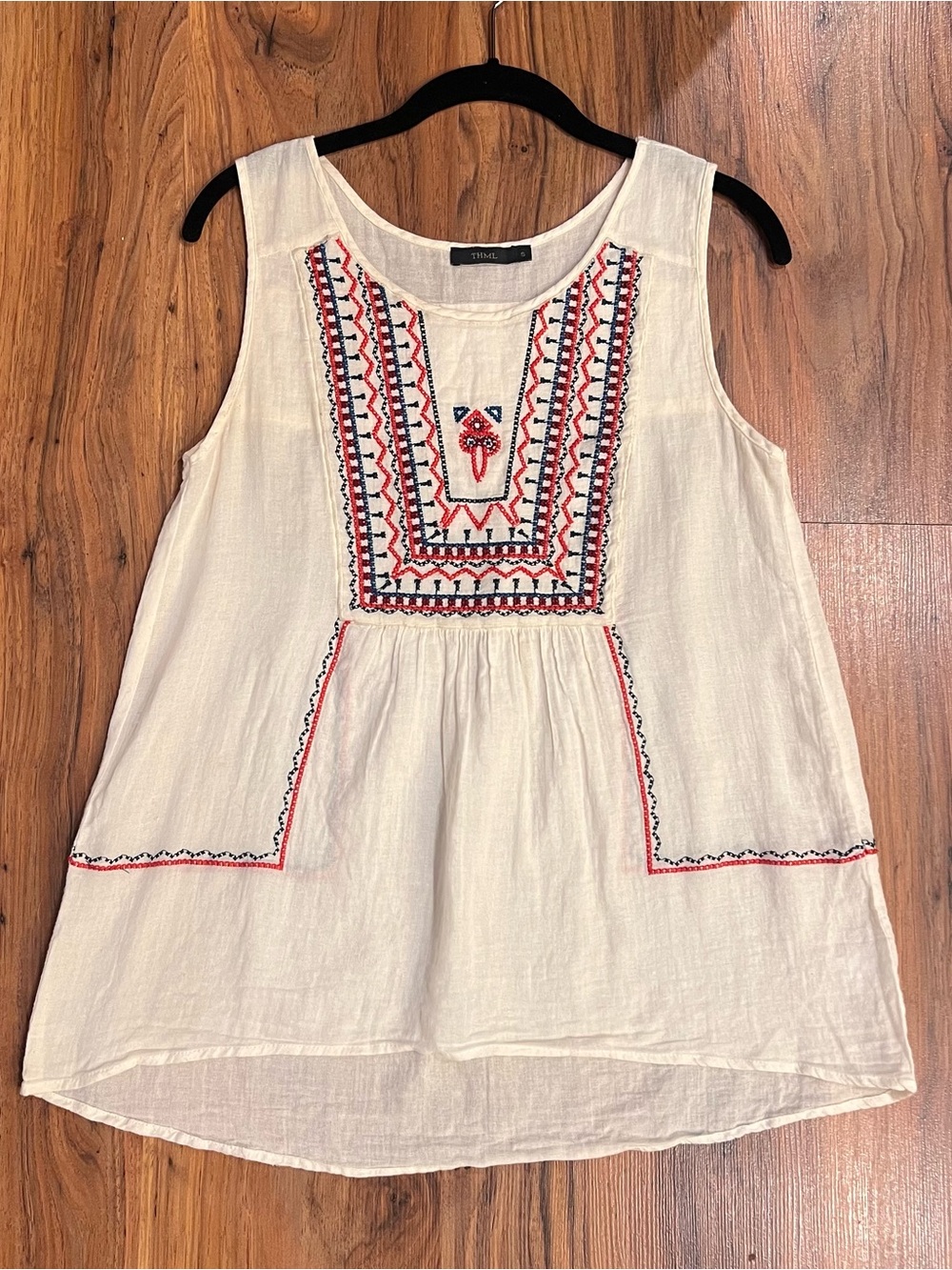THML Cream Sleeveless Embroidered Boho Tank Sz S Semi Sheer Gauzy Thin Cotton